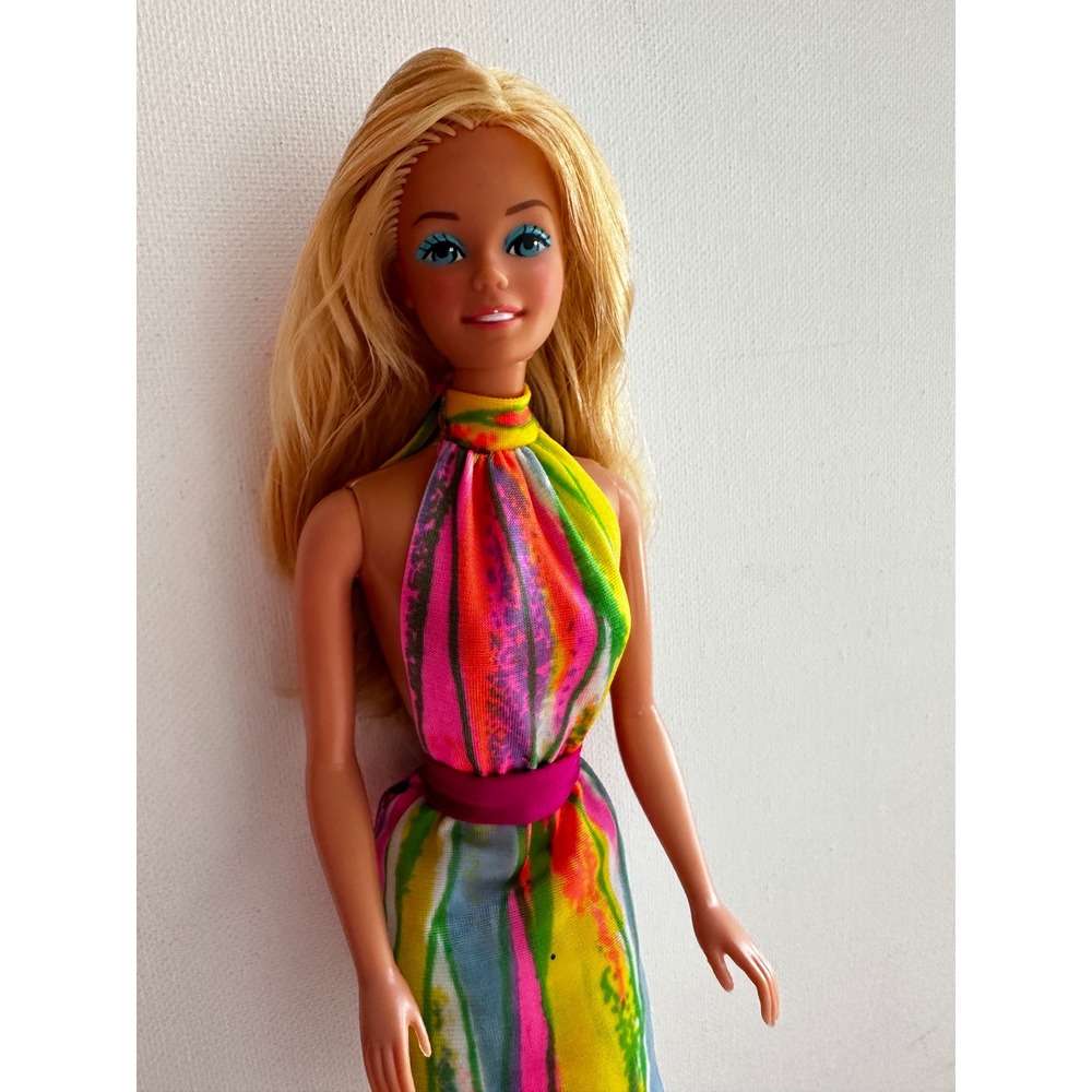 Vtg Superstar Mattel Barbie Doll Philippines Blonde Blue Eyes Psychedelic Dress